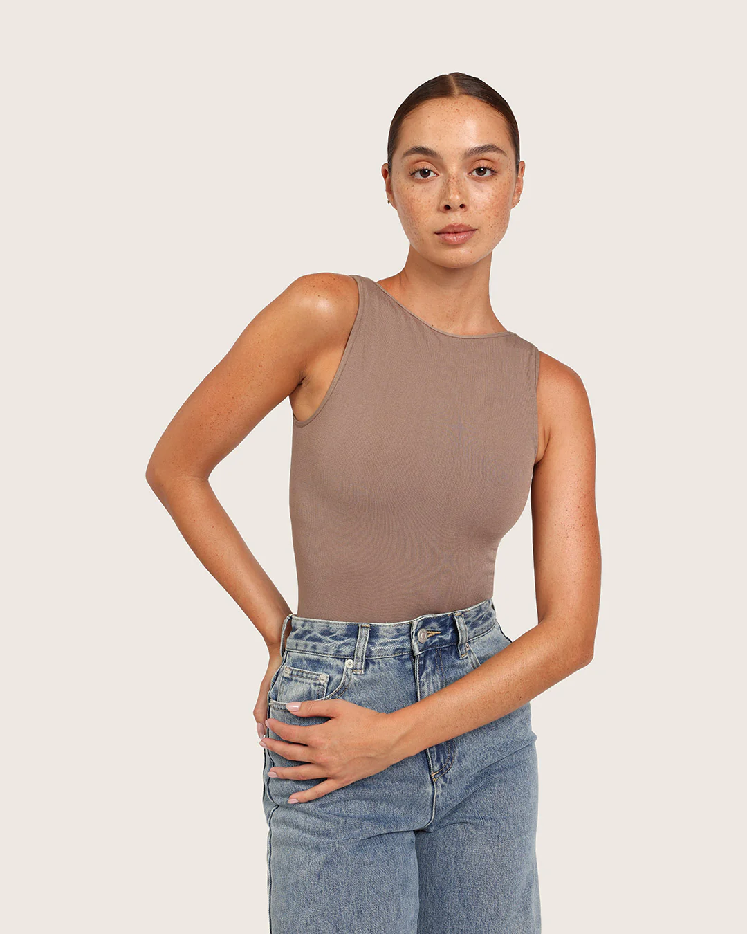 Ribbed Boat Neck Bodysuit - Taupe - Image 4