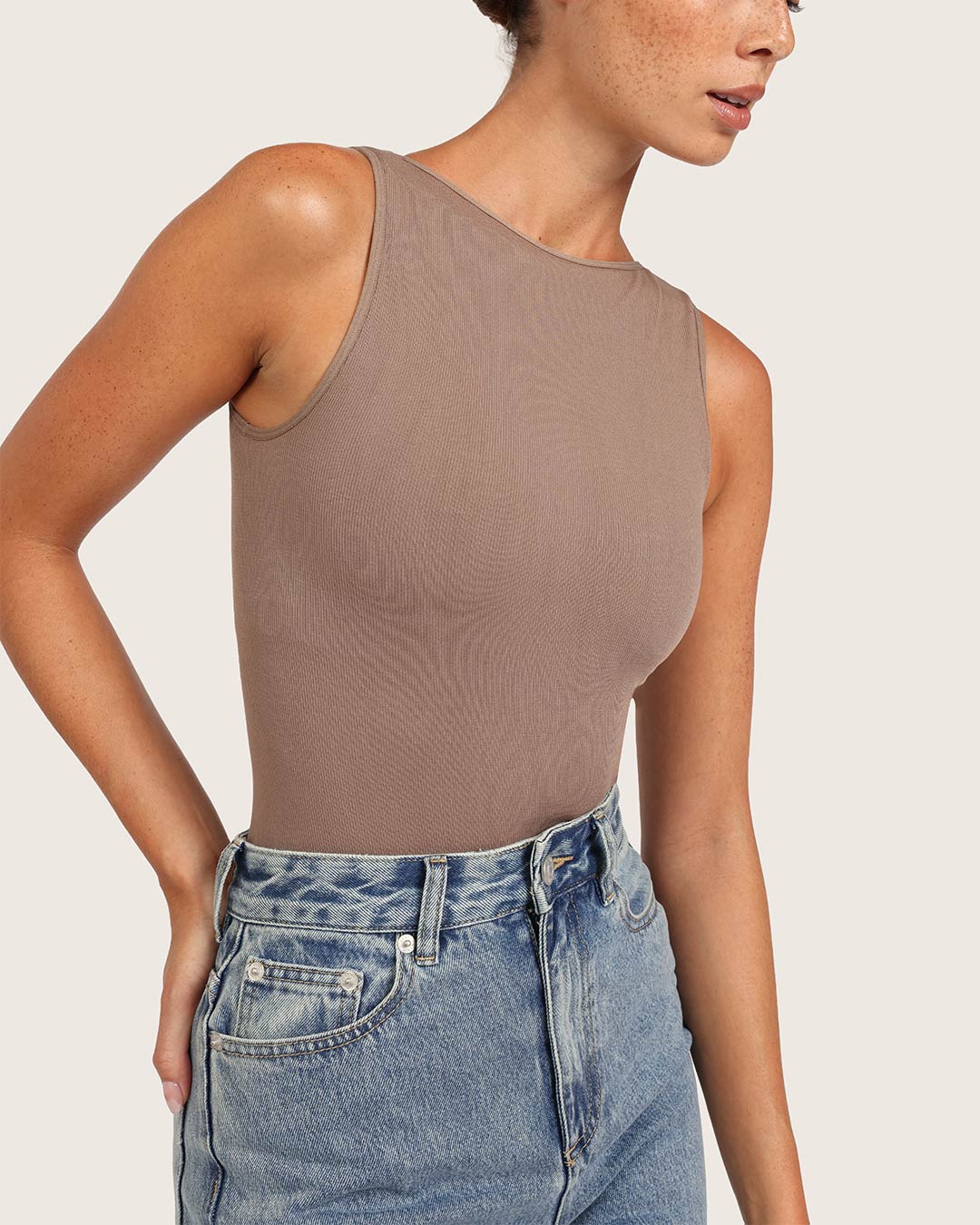 Ribbed Boat Neck Bodysuit - Taupe - Image 6